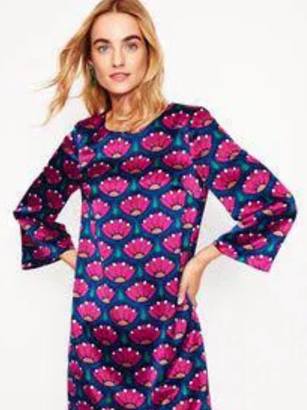 Boden Navy and Pink Floral Midi Flower Motif Shift Dress